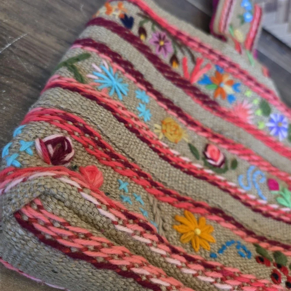 Colorful‎ Jute Burlap Bag Yarn Embroidery Boho Flowers Corduroy Lined Pocket
